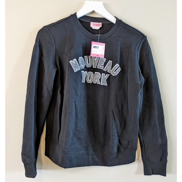 KATE SPADE Navy Blue Crew Neck Sweatshirt Size XS Letterman Patch Graphics - Picture 7 of 11